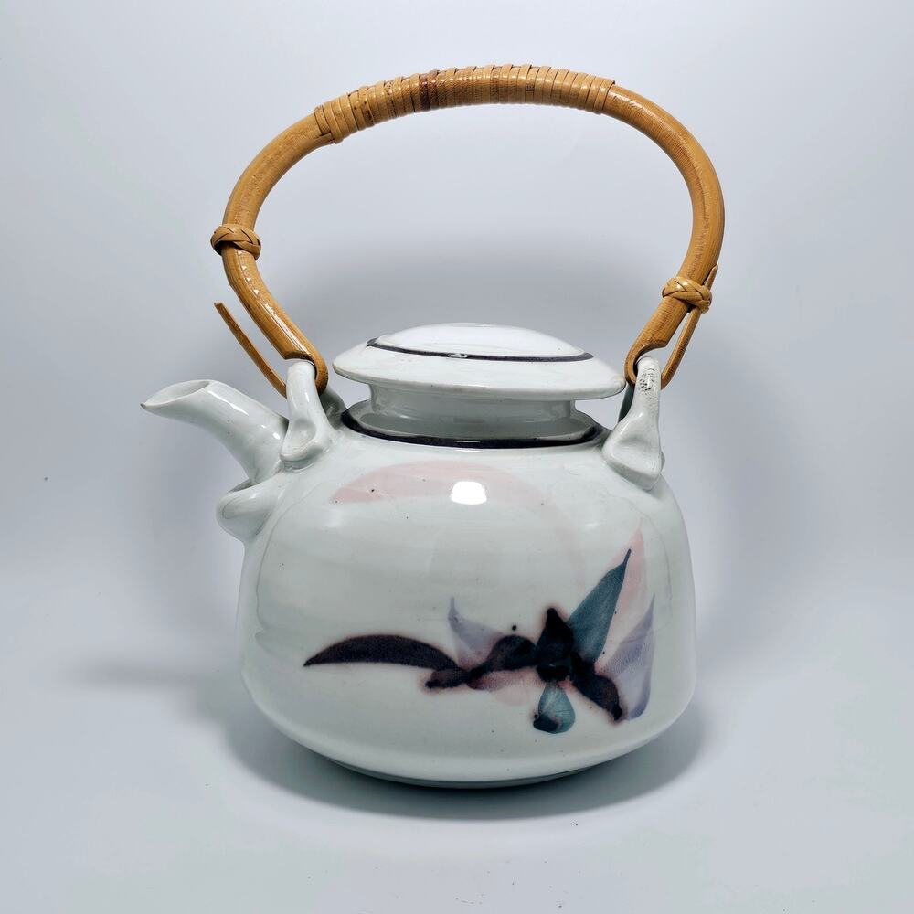 Vintage Deanna Eckels Ceramic Tea Pot 1980's With Lid Bamboo Handle